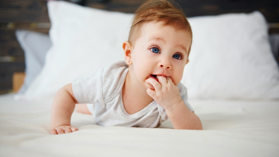 Ein zahnendes Baby kaut auf seinen Fingern 